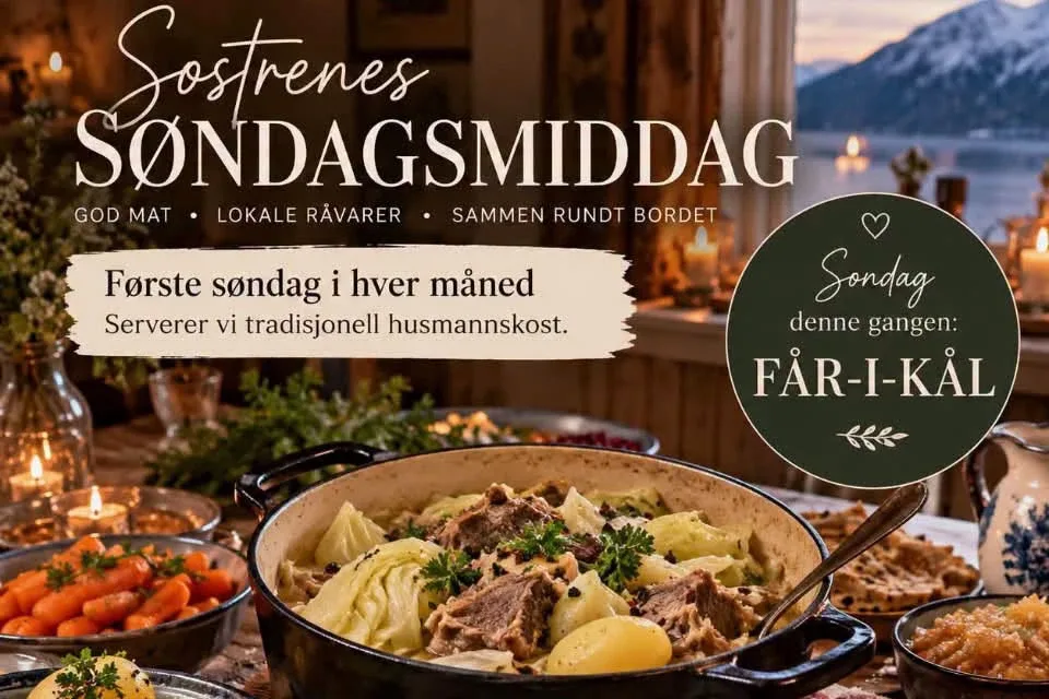 Gryte med får-i-kål på et dekket bord med poteter, gulrøtter og tyttebær